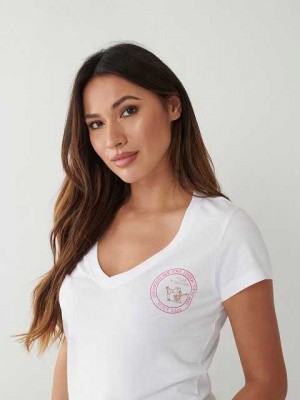 Camiseta True Religion Buddha Logo V Mujer Blancas | Colombia-RNJTFVW70