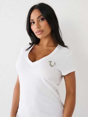 Camiseta True Religion Buddha Logo V Mujer Blancas | Colombia-OJERDGM42