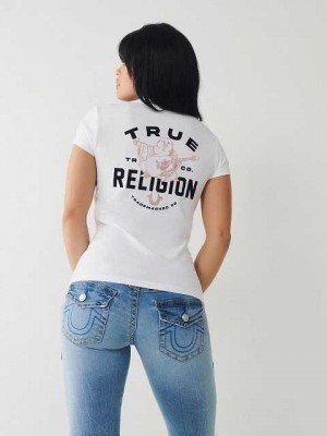 Camiseta True Religion Buddha Logo V Mujer Blancas | Colombia-QFAYEHN14