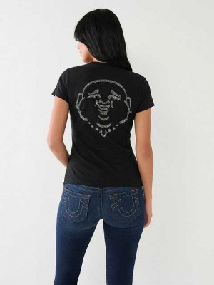 Camiseta True Religion Crystal Buddha Logo V Neck Mujer Negras | Colombia-YNJHVFL84