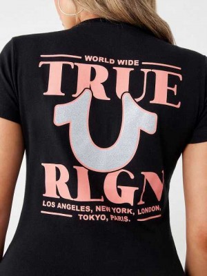 Camiseta True Religion Glitter World Anchos Logo Mujer Negras | Colombia-NQDPIZM89