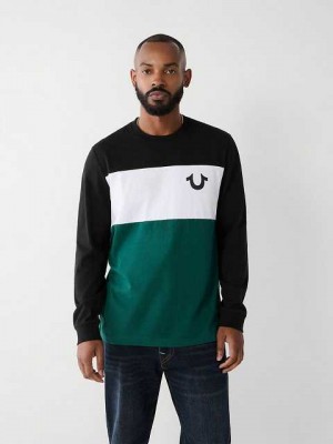 Camiseta True Religion Long Sleeve Color Block Hombre Negras | Colombia-KTEPYDS85