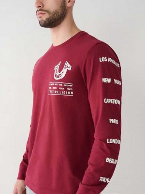 Camiseta True Religion Long Sleeve Logo Tour Hombre Fucsia | Colombia-CEFAYJG91