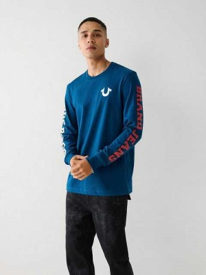 Camiseta True Religion Long Sleeve True Logo Hombre Azul Marino | Colombia-VWAZCHN86