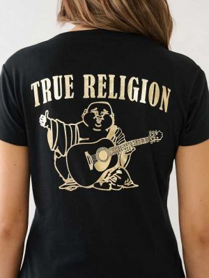 Camiseta True Religion Metallic Buddha Logo V Neck Mujer Negras | Colombia-SOKBMGN67