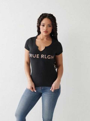 Camiseta True Religion Notch Logo Mujer Negras | Colombia-CTPHFKA24