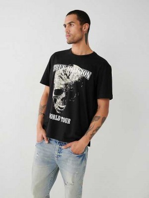 Camiseta True Religion Skull World Tour Relaxed Hombre Negras | Colombia-FYHGWPN57