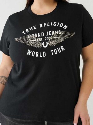 Camiseta True Religion World Tour Retro Crystal Slim Crew Logo Mujer Negras | Colombia-IPBUMSD28