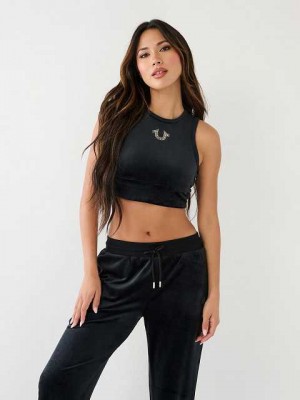 Camiseta sin Manga True Religion Crystal Velour Crop Mujer Negras | Colombia-XJLFOYP27