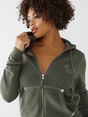 Sudadera con Capucha True Religion Big T Stitch Logo Zip Mujer Gris Verde | Colombia-LKNOWCI54