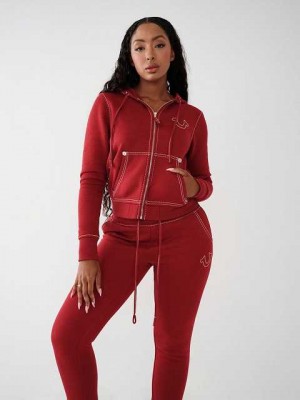 Sudadera con Capucha True Religion Big T Stitch Logo Zip Mujer Rojas | Colombia-GCUDQJN65