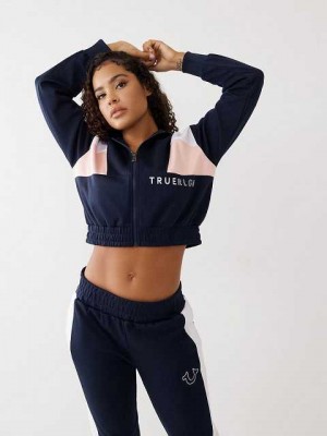 Sudadera con Capucha True Religion Color Block Crop Zip Mujer Azul Marino | Colombia-NVQPZTF23