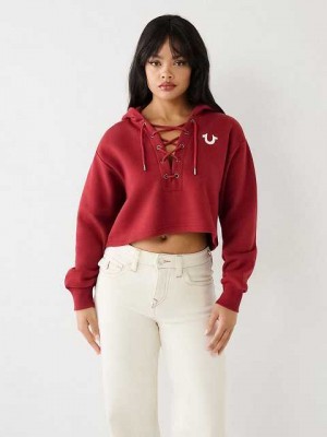 Sudadera con Capucha True Religion Encaje Up Logo Crop Mujer Rojas | Colombia-SVMPGZC68