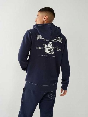 Sudadera con Capucha True Religion Heritage Big T Zip Hombre Azul Marino Azules | Colombia-VNBMZUE71