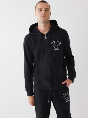 Sudadera con Capucha True Religion Logo Zip Hombre Negras | Colombia-LENVBOU54