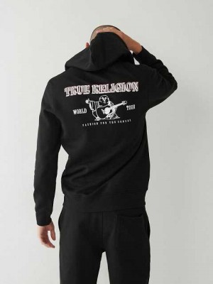 Sudadera con Capucha True Religion Logo Zip Hombre Negras | Colombia-ZSEWIDO37