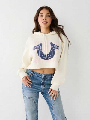 Sudadera con Capucha True Religion Logo Crop Mujer Blancas | Colombia-ACVNBOG32