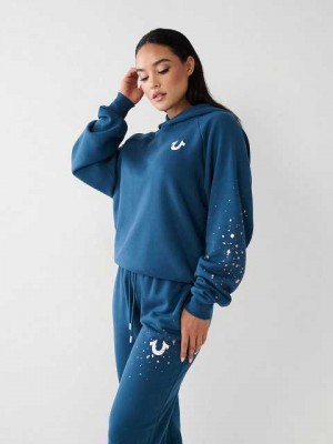 Sudadera con Capucha True Religion Splatter Paint Logo Relaxed Mujer Azules | Colombia-QVPFEWB79