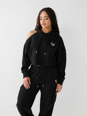 Sudadera con Capucha True Religion Studded Off Shoulder Crop Mujer Negras | Colombia-QVRDKSL02