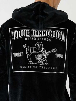 Sudadera con Capucha True Religion Velour Big T Zip Hombre Negras | Colombia-MUGQYVK20