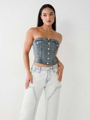 Tops True Religion Denim Tube Mujer Azules | Colombia-EINFDXG80