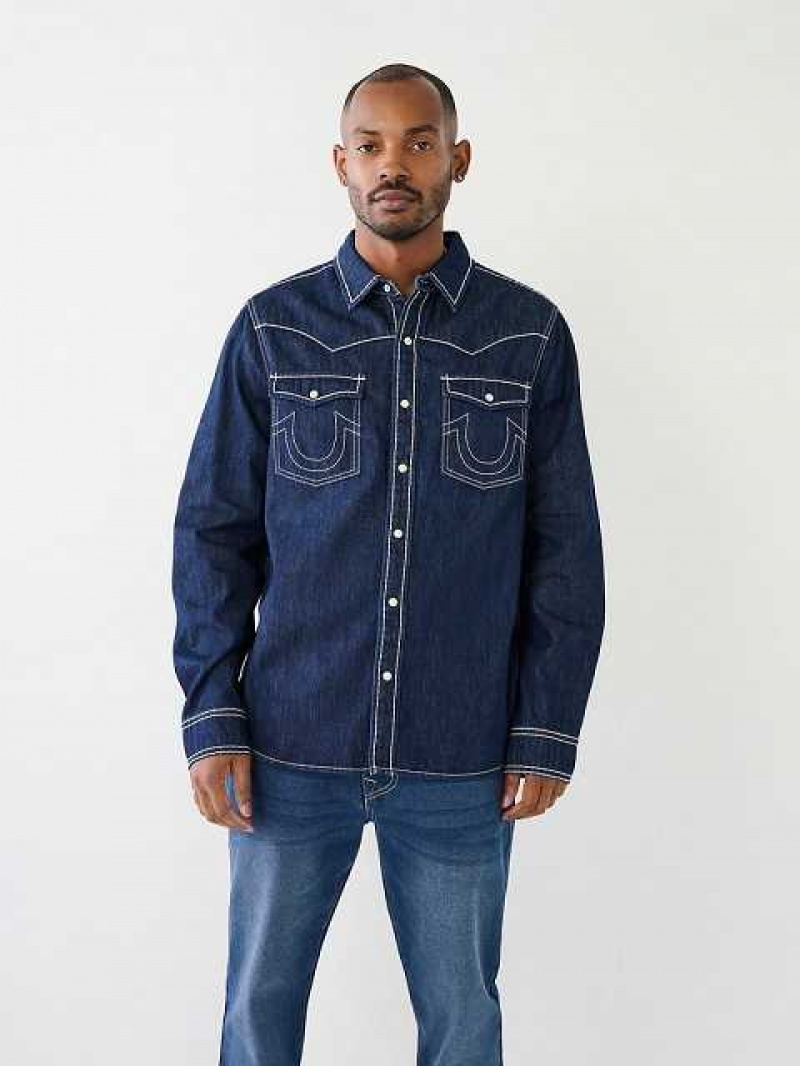 Camisa True Religion Big T Western Denim Hombre Body Rinse | Colombia-DZIRLXG95