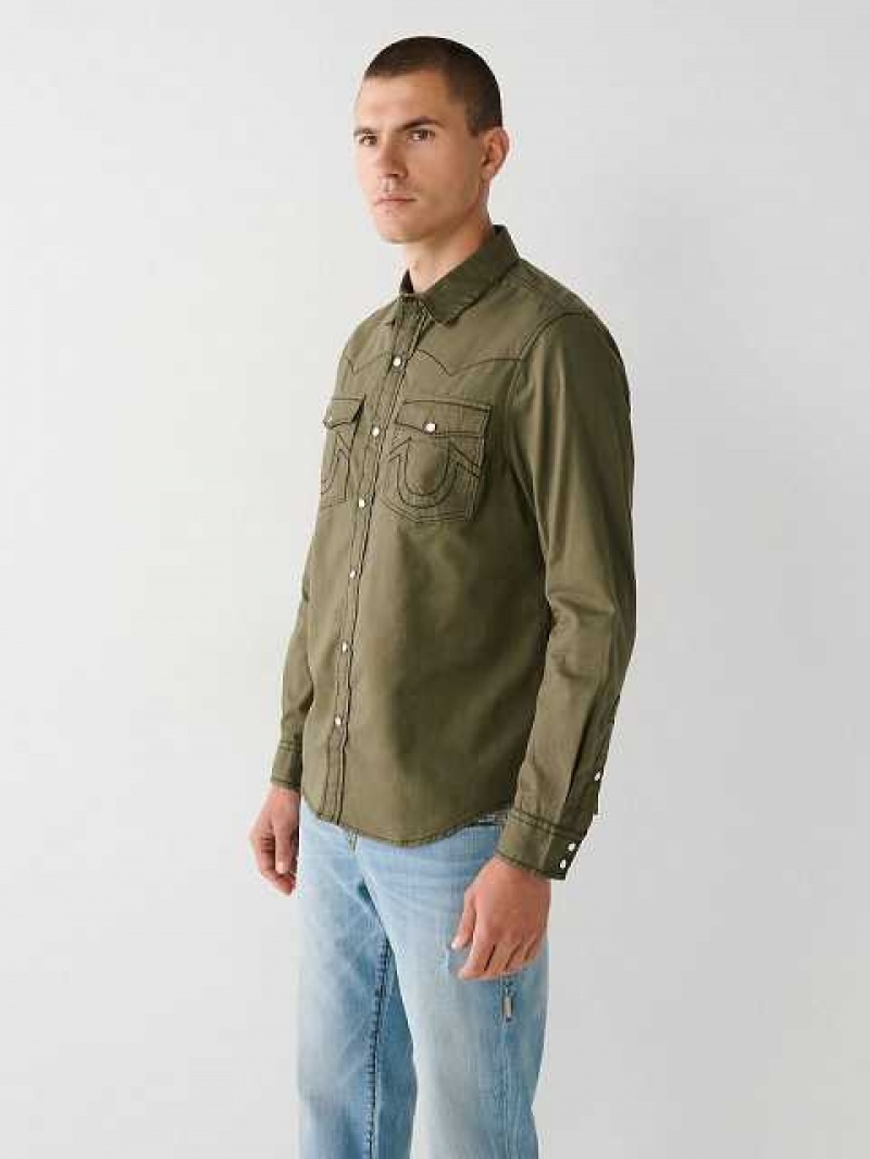 Camisa True Religion Big T Western Hombre Verde Oliva | Colombia-TJQSECY86