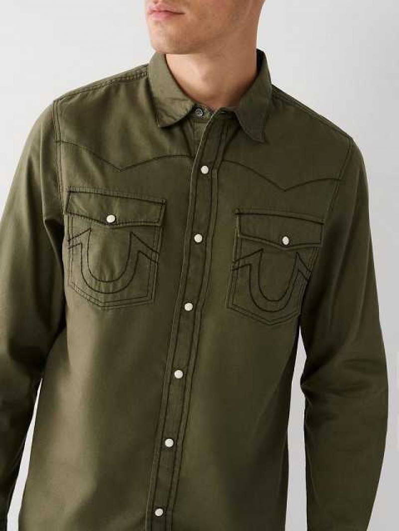 Camisa True Religion Big T Western Hombre Verde Oliva | Colombia-TJQSECY86