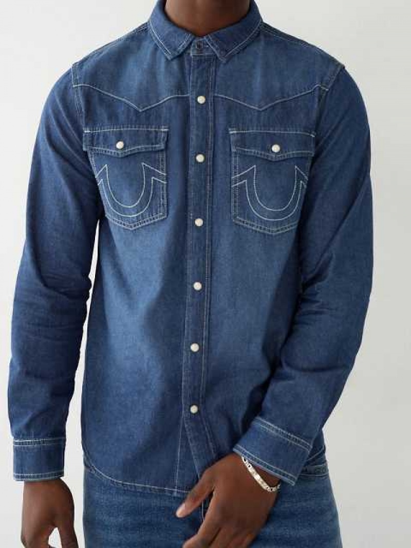 Camisa True Religion Chambray Western Hombre Azules Oscuro Azules | Colombia-ZWORSJX51