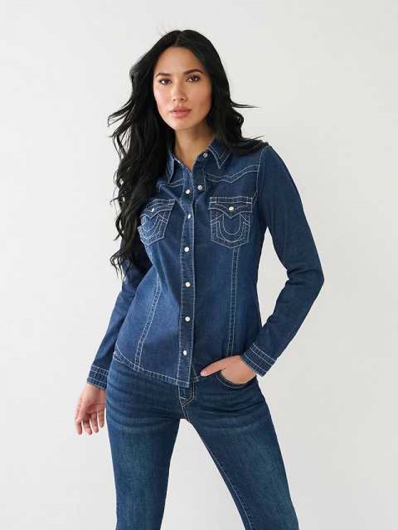 Camisa True Religion Chambray Western Mujer Azules Oscuro | Colombia-WMHZSEA52