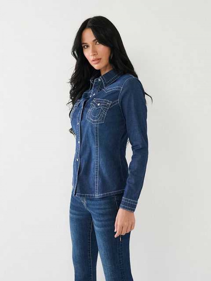 Camisa True Religion Chambray Western Mujer Azules Oscuro | Colombia-WMHZSEA52