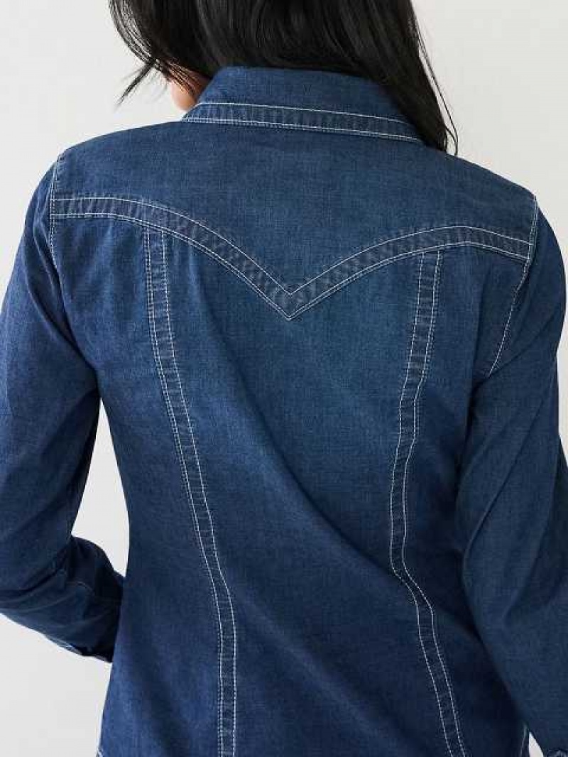 Camisa True Religion Chambray Western Mujer Azules Oscuro | Colombia-WMHZSEA52