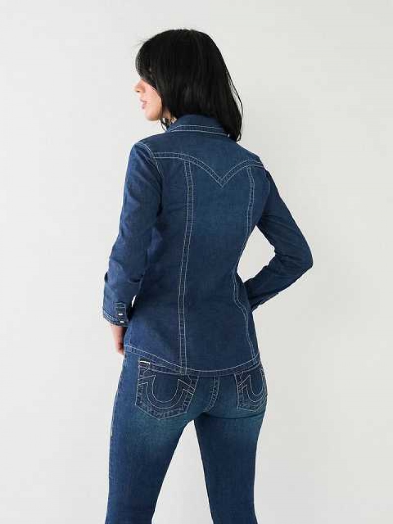 Camisa True Religion Chambray Western Mujer Azules Oscuro | Colombia-WMHZSEA52