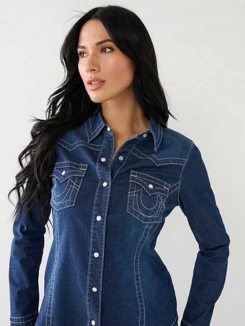 Camisa True Religion Chambray Western Mujer Azules Oscuro | Colombia-WMHZSEA52