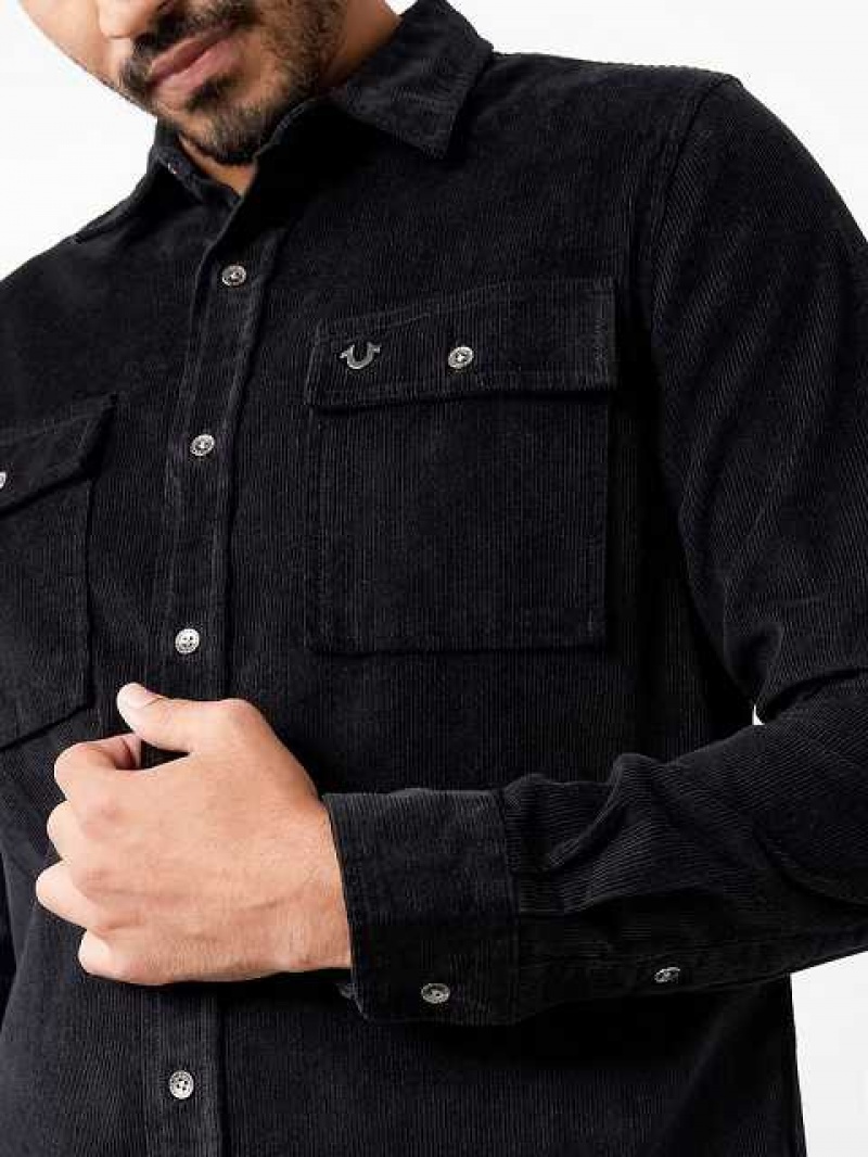 Camisa True Religion Corduroy Flap Utility Hombre Negras | Colombia-LNKOFCZ75