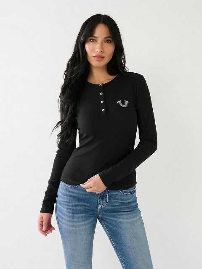 Camisa True Religion Crystal Horseshoe Logo Henley Mujer Negras | Colombia-TFEDKWR10