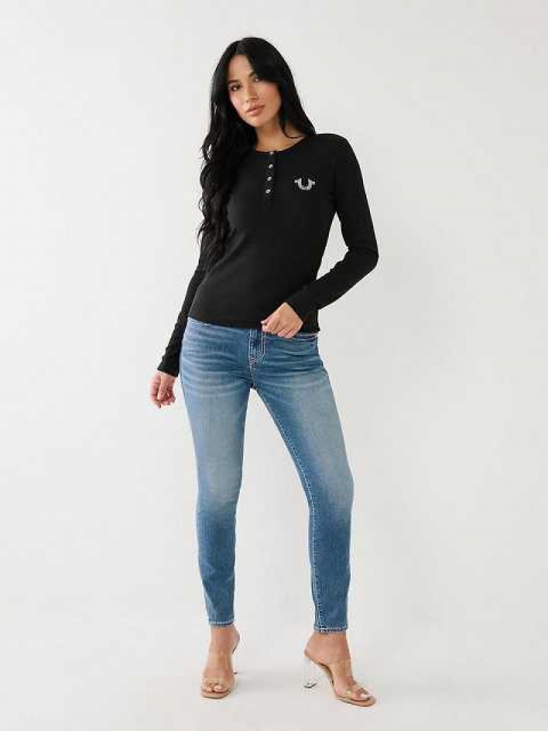 Camisa True Religion Crystal Horseshoe Logo Henley Mujer Negras | Colombia-TFEDKWR10