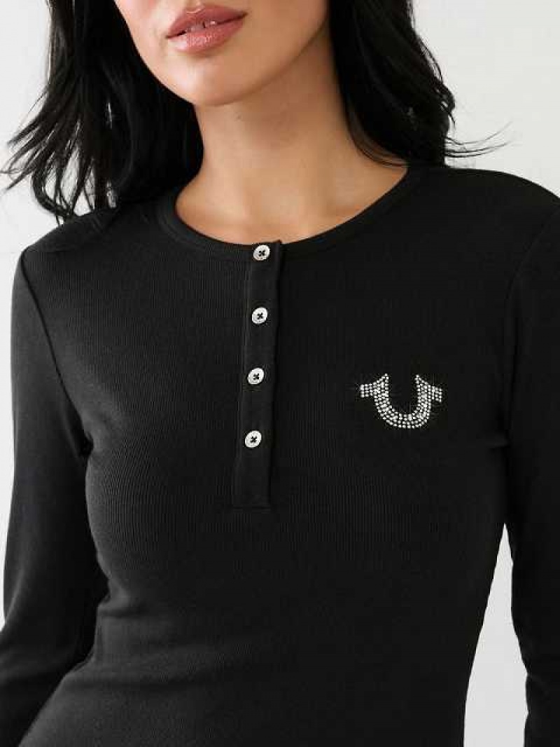 Camisa True Religion Crystal Horseshoe Logo Henley Mujer Negras | Colombia-TFEDKWR10