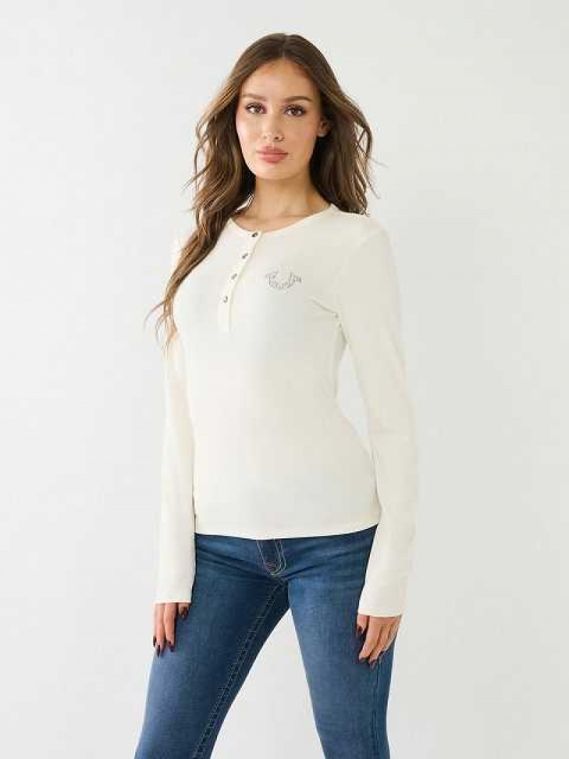 Camisa True Religion Crystal Horseshoe Logo Henley Mujer Blancas | Colombia-DWZGXLR29