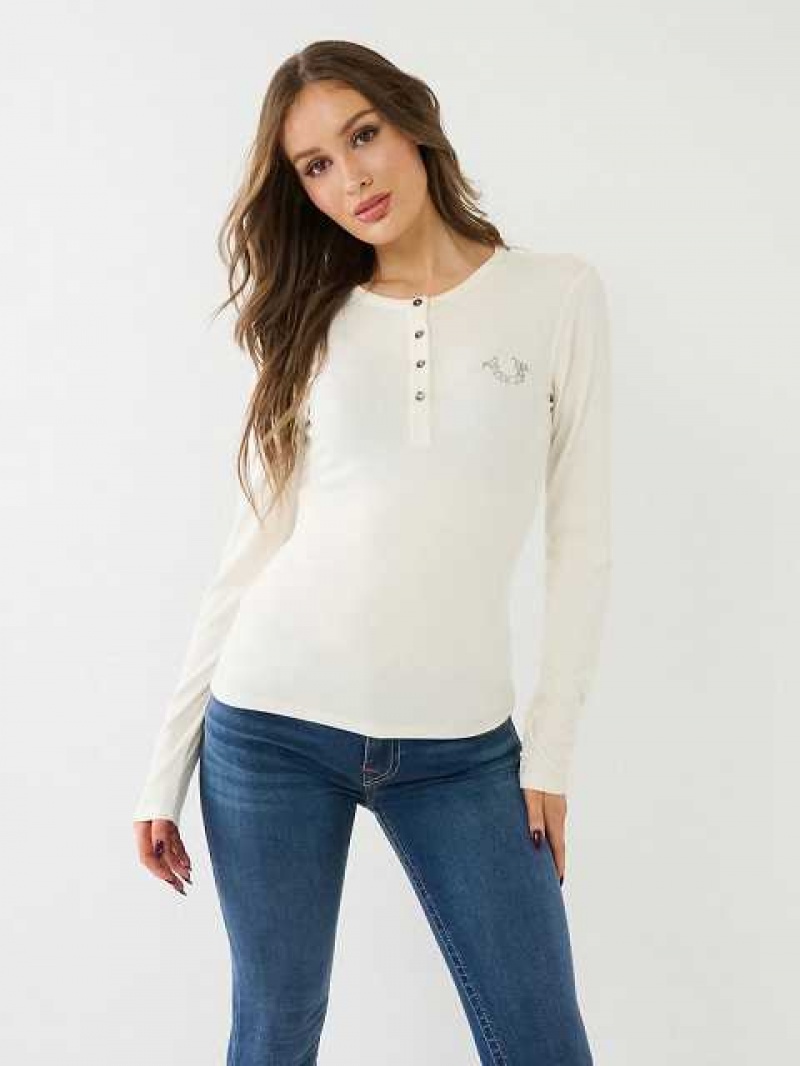 Camisa True Religion Crystal Horseshoe Logo Henley Mujer Blancas | Colombia-DWZGXLR29