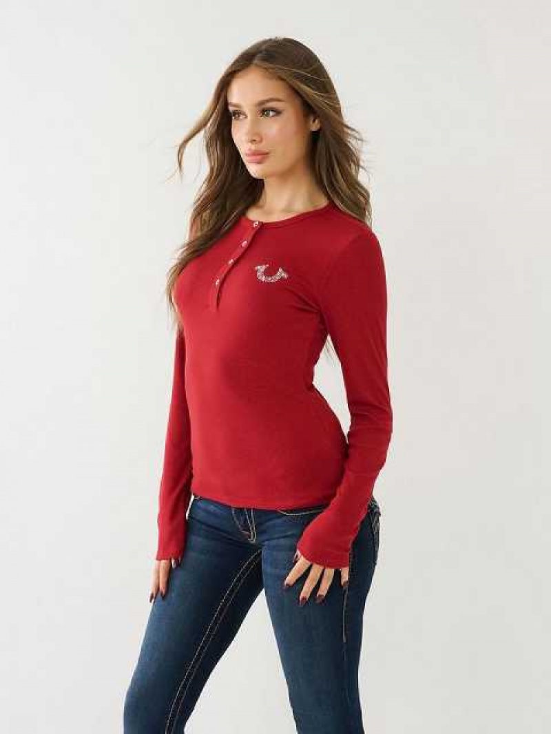 Camisa True Religion Crystal Horseshoe Logo Henley Mujer Rojas | Colombia-BDFGTAE70