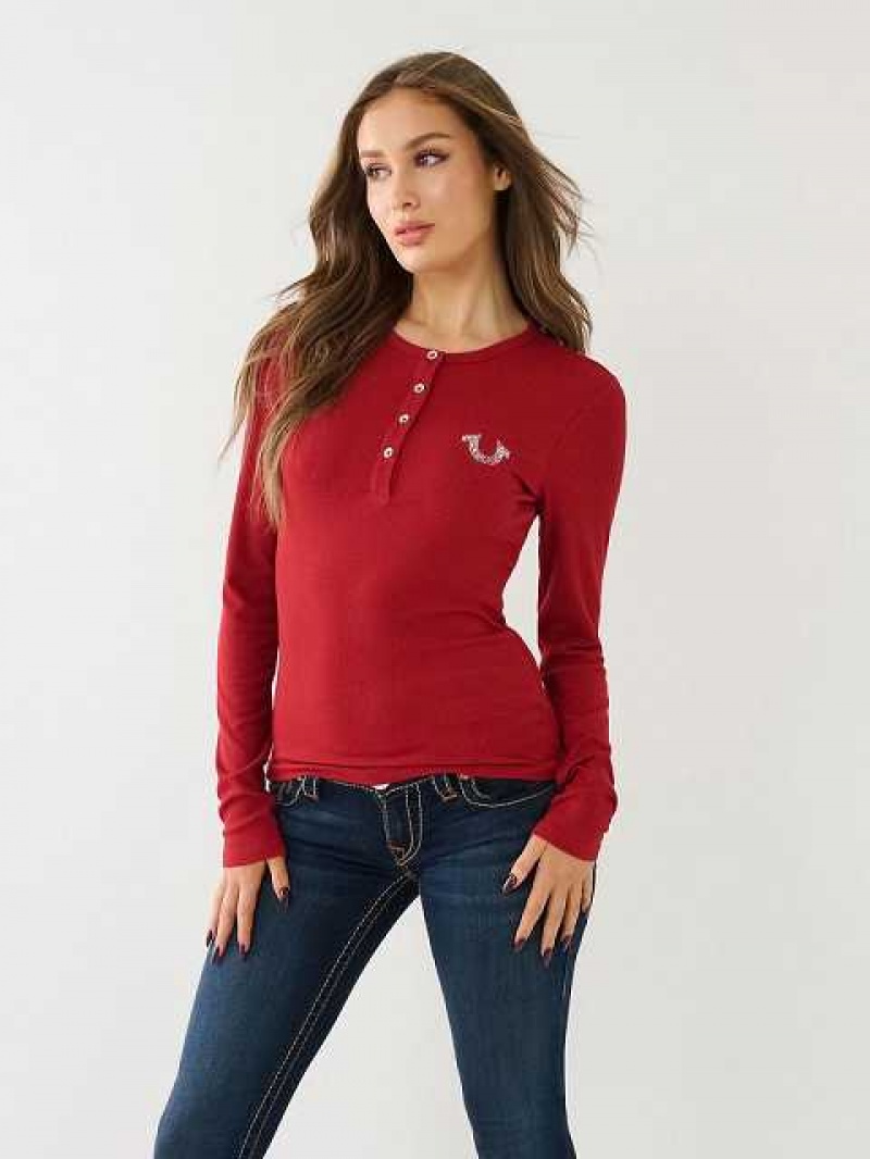 Camisa True Religion Crystal Horseshoe Logo Henley Mujer Rojas | Colombia-BDFGTAE70