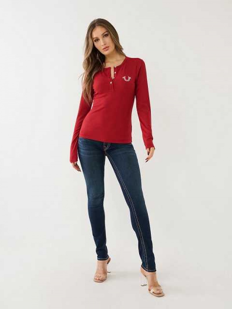 Camisa True Religion Crystal Horseshoe Logo Henley Mujer Rojas | Colombia-BDFGTAE70