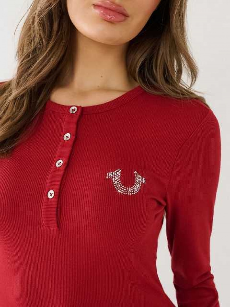 Camisa True Religion Crystal Horseshoe Logo Henley Mujer Rojas | Colombia-BDFGTAE70