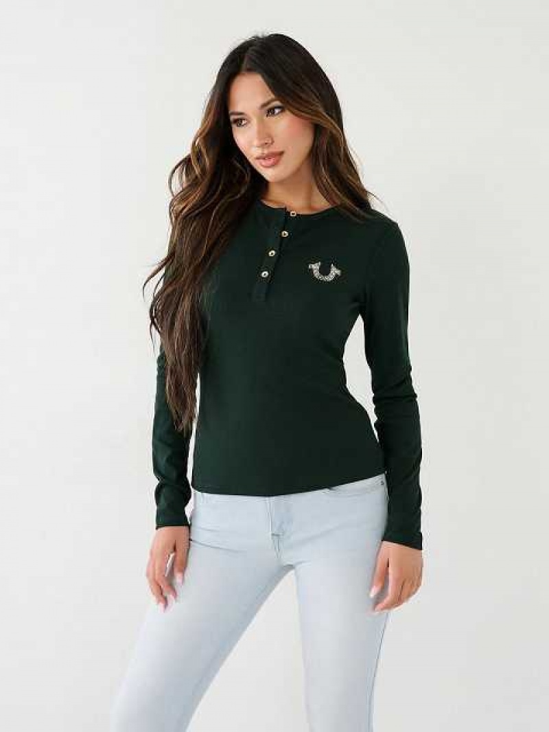 Camisa True Religion Crystal Horseshoe Logo Henley Mujer Verde Oscuro | Colombia-KJBXDRH26