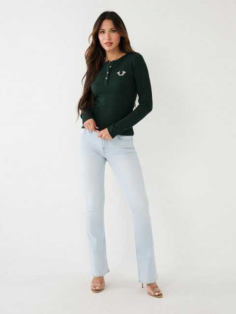 Camisa True Religion Crystal Horseshoe Logo Henley Mujer Verde Oscuro | Colombia-KJBXDRH26