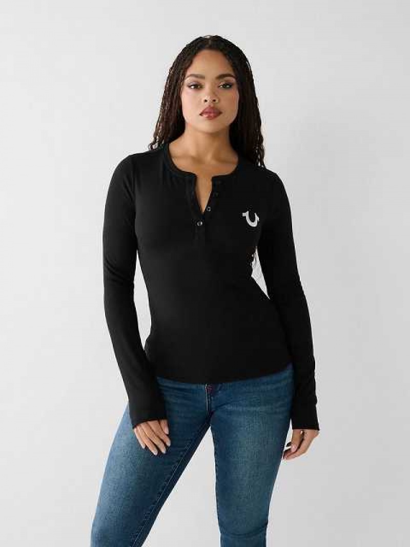 Camisa True Religion Henley Mujer Negras | Colombia-GVNMBJT61