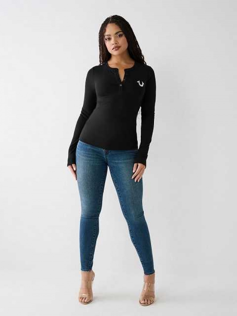 Camisa True Religion Henley Mujer Negras | Colombia-GVNMBJT61