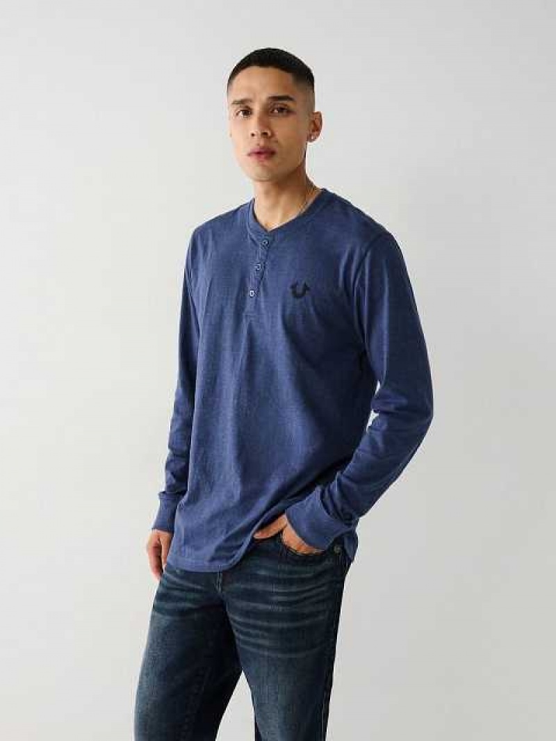 Camisa True Religion Logo Henley Hombre Azul Marino Gris | Colombia-TRUNXMG91