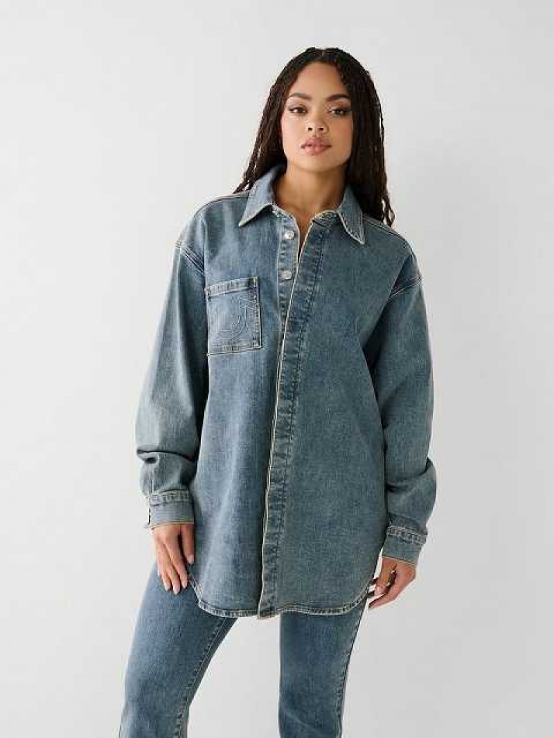 Camisa True Religion Oversized Denim Mujer Azules | Colombia-STYBAXO01